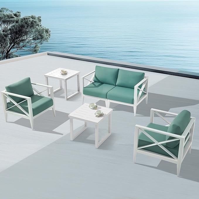 MBY Outdoor Aluminum Patio Furniture Set, 4-Seats Patio Conversation Sofa Set with 2 Coffee Table, All Weather for Pool, Balcony, Garden-White