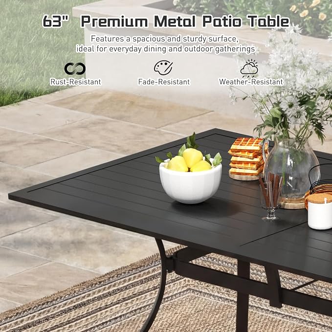 7 Piece Outdoor Patio Dining Set, 62’’ Rectangular Metal Dining Table with Umbrella Hole & 6pcs Patio Swivel Rocking Chairs, Outdoor Furniture Dining Set for Patio, Balcony, Lawn, Garden, Backyard
