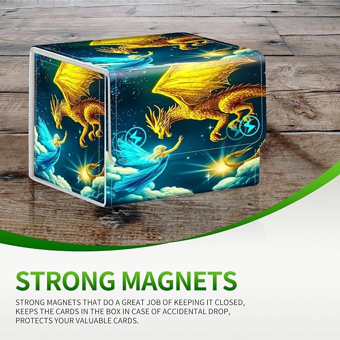 Card Deck Box for MTG, Cards Storage Box Fits 120+ Sleeved, Leather Small Size Strong Magnetic Closing Card Case for Board Games Magic TCG CCG Baseball Collection, Yellow Dragon Girl