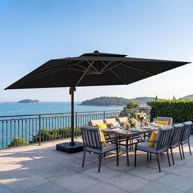 10x13 FT Patio Cantilever Umbrella (Base Not Included) (Base Not Included), Rectangular Heavy Duty Offset Umbrella for 8-10 People, 360°Rotation & Mult Tilt, Double Top Design, for Pool Garden Deck (Black)