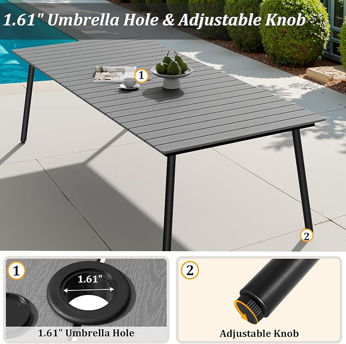 95" Patio Outdoor Dining Table for 8-10, Weather-Resistant Wood-Grain Top with Aluminum Frame & Umbrella Hole for Deck Gatherings, Grey