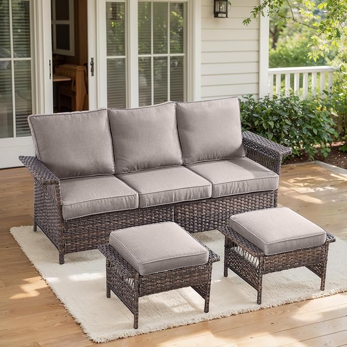 Wicker Patio Furniture Set - Sofa With 2 PE Rattan Ottomans, Brown Wicker Grey Cushions - 3pcs Conversation Set for Garden, Balcony, Sunroom, Backyard, Deck, Poolside