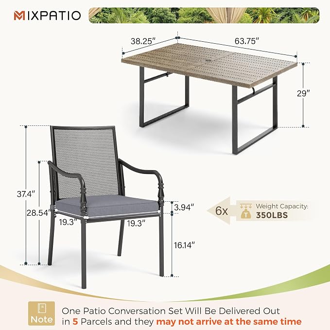 MIXPATIO 7 Pieces Outdoor Patio Dining Set for 6,Outdoor Metal Dining Set, 6 Metal Chairs with Thickened Cushions, 64" Rectangle Table for Garden Backyard