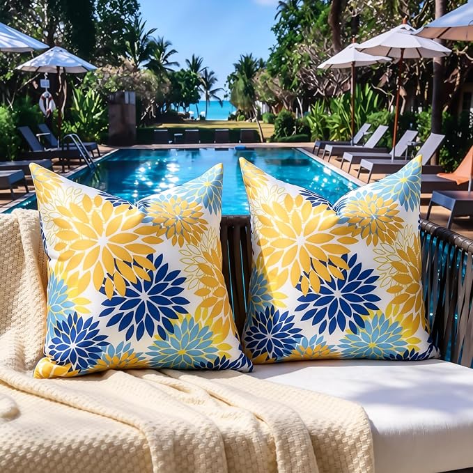Decorative Outdoor Waterproof Throw Pillow Covers Set of 2 Dahlia Yellow and Blue Pillow Case 16x16 Inches Spring Summer Cushion Covers with Invisible Zipper for Inside and Outdoor