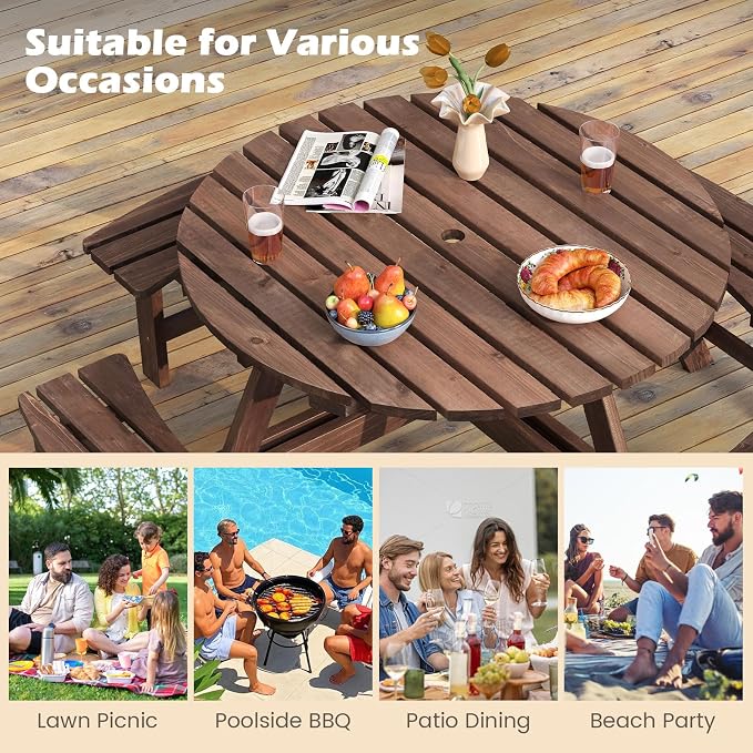 Giantex 8-Person Round Picnic Table Set with 4 Benches, 550 LBS Bench Capacity, 2" Umbrella Hole, Circular Outdoor Wood Dining Table & Chairs for Patio Yard Garden Porch Deck (71”x71”x28”,Brown)