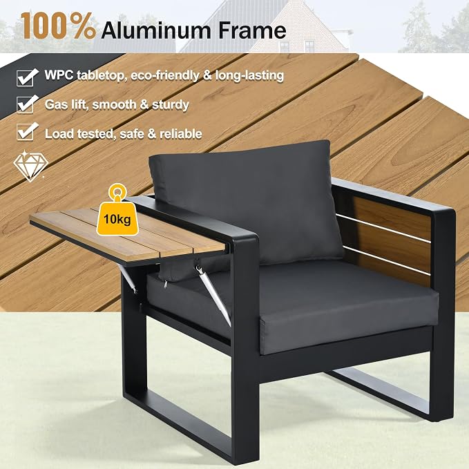 Merax Large 4-Piece Outdoor Patio Furniture Set for 5 Person, 3-Seater Sofa, 2 Armchairs with Fold-Out Side Tables, Aluminum Frame & Plastic-Wood, Modern Garden/Patio Seating, Grey Cushions