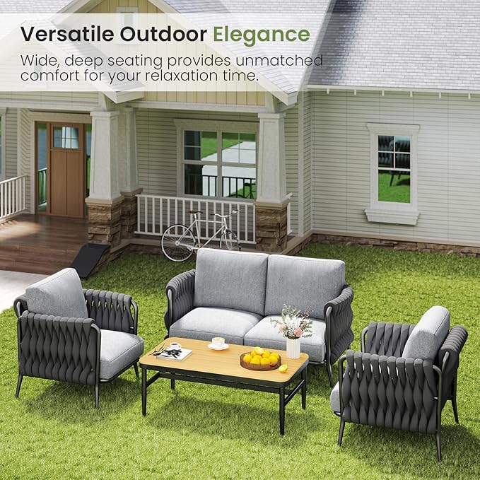 Patio Furniture Set, 4-Seat Outdoor Sofa Furniture Deep Seating with Coffee Table, Metal Patio Conversation Sets with Waterproof & Extra-Thick Cushions for Garden, Poolside, Backyard