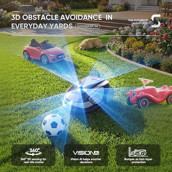Sunseeker S4 LiDAR Robot Lawn Mower for Up to 0.25 Acre (1000 m²), Vision AI + 360° 3D LiDAR Navigation, Wire-Free Virtual Boundary, Systematic Cutting, 42% Slope, App Control, 60 dB Quiet Mowing