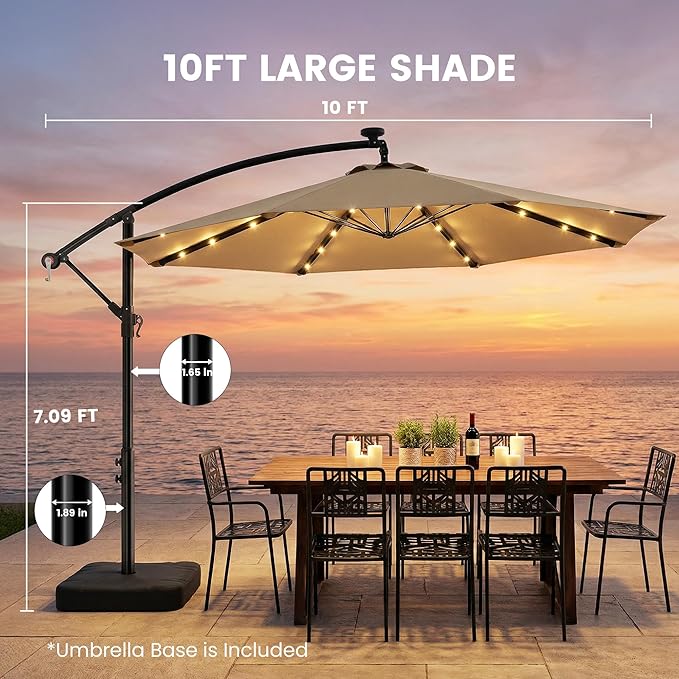 OLILAWN 10 feet Solar LED Patio Umbrella with Base, 32 LED Lighted Outdoor Offset Cantilever Umbrella with Sturdy 8 Rids, Infinite Tilt, 360 Degree Rotation, for Pool Deck Porch Backyard Garden, Isabelline