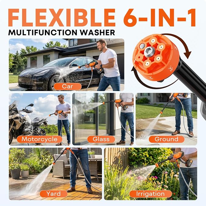 Cordless Portable Washer, Brushless 4000mAh Battery Operated Washer, Handheld Car Washer with 6-in-1 Nozzle Battery Charger,Lightweight Washer Cleaning Tool with Foam Pot for Patio Boat Fence