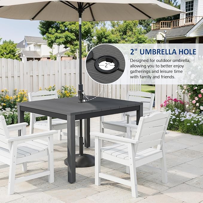 Outdoor Dining Table, Weatherproof 34" Square HIPS Patio Dining Table for 4, with 2" Umbrella Hole, Outdoor Table for Backyard Deck Poolside, Grey