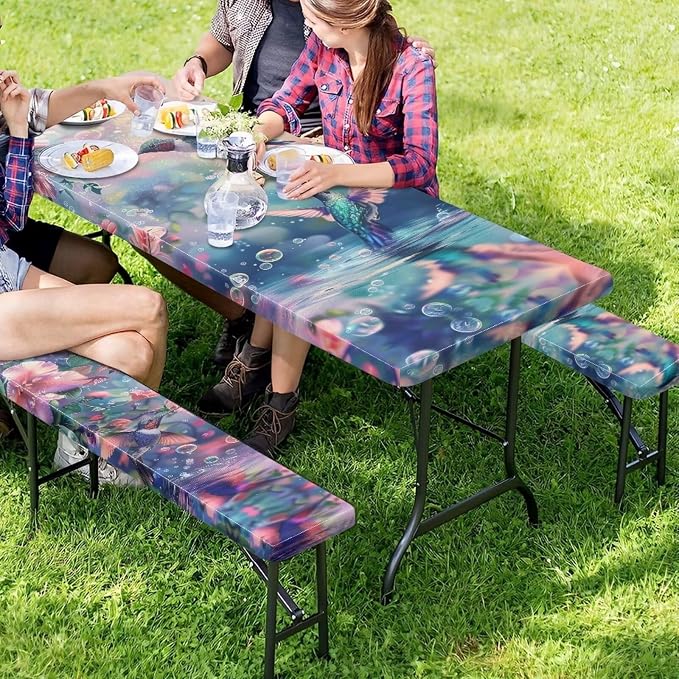 Hummingbird Picnic Table Cover with Bench Covers Waterproof Camping Table Covers for 6 Foot Tables 3 Pcs Picnic Table Bench Covers Camping Essentials for Camper, 94x30 Inches