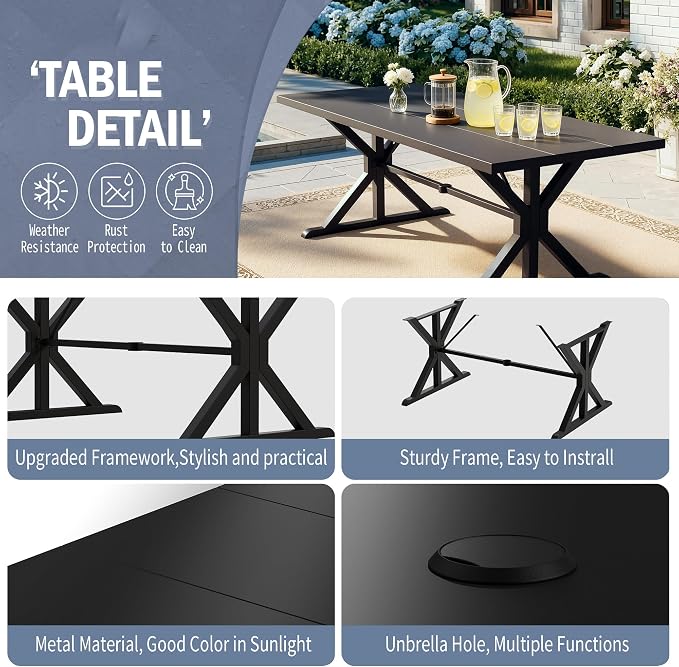 Kullavik 16 Pieces Outdoor Dining Set,Patio Dining Table and Chairs Set for 14,Fence Pattern Back Chairs with Thickened Cushions & X-Frame Metal Dining Table with Umbrella Hole for Patio,Grey