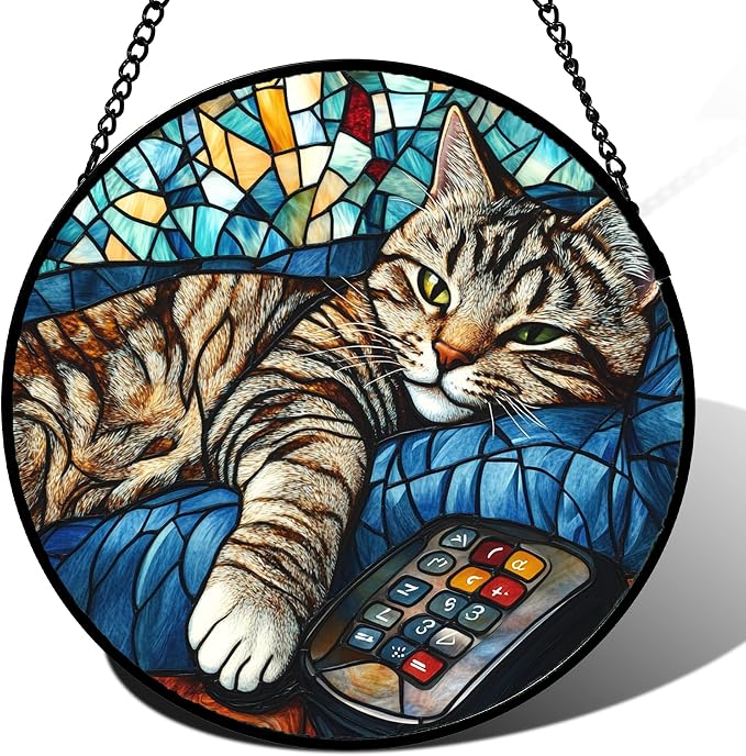 DASTOLL Stained Glass Window Hanging Gray Cat and Remote Control 9.8" - Suncatcher Door Garden Kitchen Sun Catcher Home Decor Birthday for Lost Pets Mom Men Woman Friend Grandma