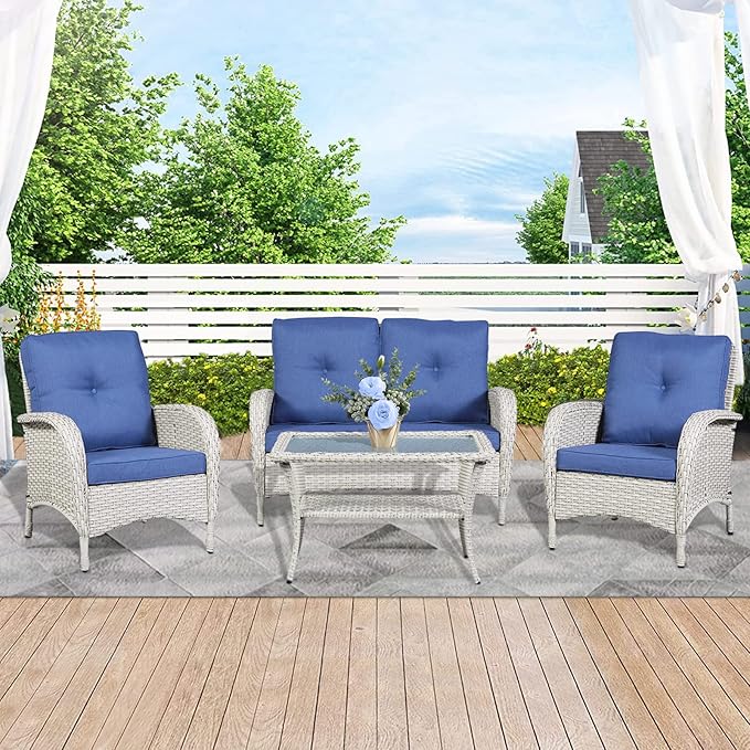 Belord 4 Pieces Patio Furniture Set for Porch Deck Balcony Outdoor, Wicker Chair Sectional Sofa Set, Outdoor Conversation Sets Include Chairs Loveseat Couch and Coffee Table