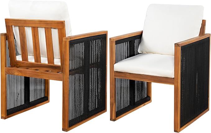 Christopher Knight Home Rolyn 7 Piece Acacia Wood Outdoor Dining Table Set for 6, Extendable Dining Table And 6 Chairs With Cushion & Rope Design, Wooden Outdoor Patio Furniture Set, Cream+Teak+ Black