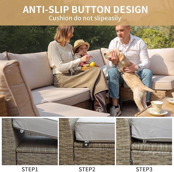 Jing's Villa 3-Piece Outdoor Patio Furniture Set,Rattan Conversation Sectional Sofa w/Coffee Table, All-Weather Patio Conversation Set with Thick and Anti-Slip Cushions for Backyard,Deck,Porch,Beige