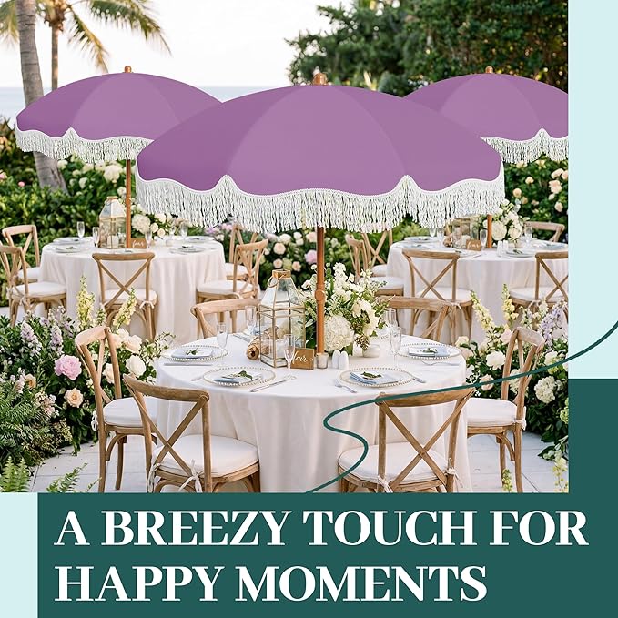 AreShark 7ft Patio Umbrella with Fringe, UPF50+ Beach Umbrella for Table, Pool & Garden, Portable Outdoor Tassels Umbrella w/Fiberglass Ribs&Push Bottom Tilt(Lavender)