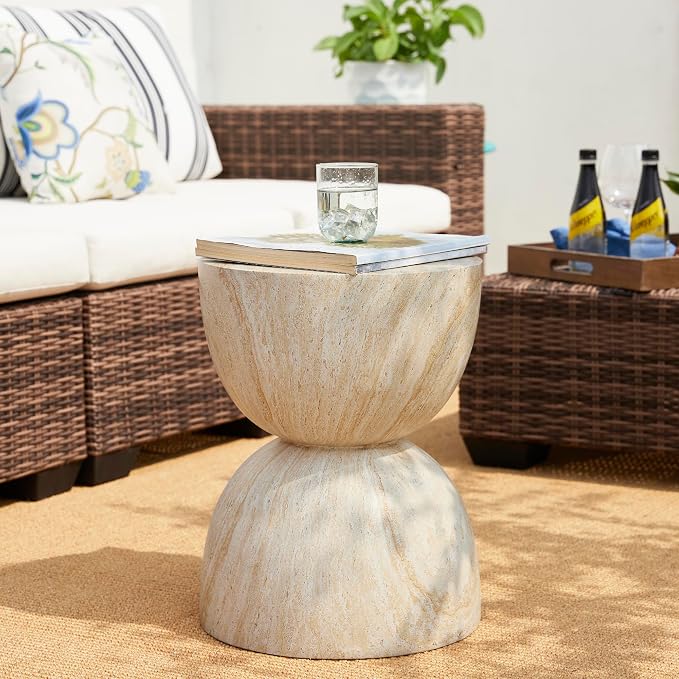 Glitzhome Outdoor Side Table Set of 2, 17.75" H Decorative Garden Stool MGO Hourglass Faux Terrazzo End Table, Round Planter Stand for Indoor Outdoor Living Room Bedroom Patio Deck Poolside
