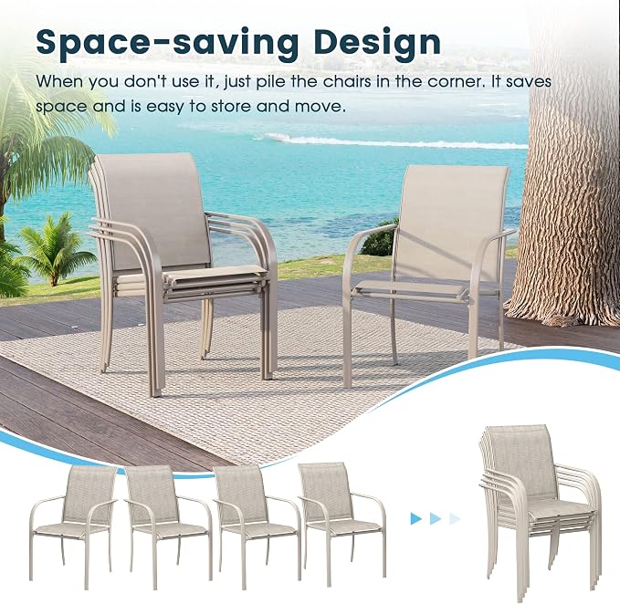 11 Pieces Patio Dining Set, 60" Round Dining Table with Umbrella Hole, 10 Stackable Textilene Fabric Chairs, Metal Structure for Patio, Porch, Garden, Sandshell