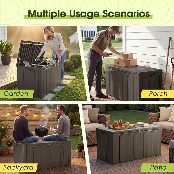 Devoko 100 Gallon Outdoor Storage Box, Waterproof Resin Deck Box for Patio Furniture, Lockable Container for Garden Cushions & Pool Supplies (Brown, 100 Gallon)