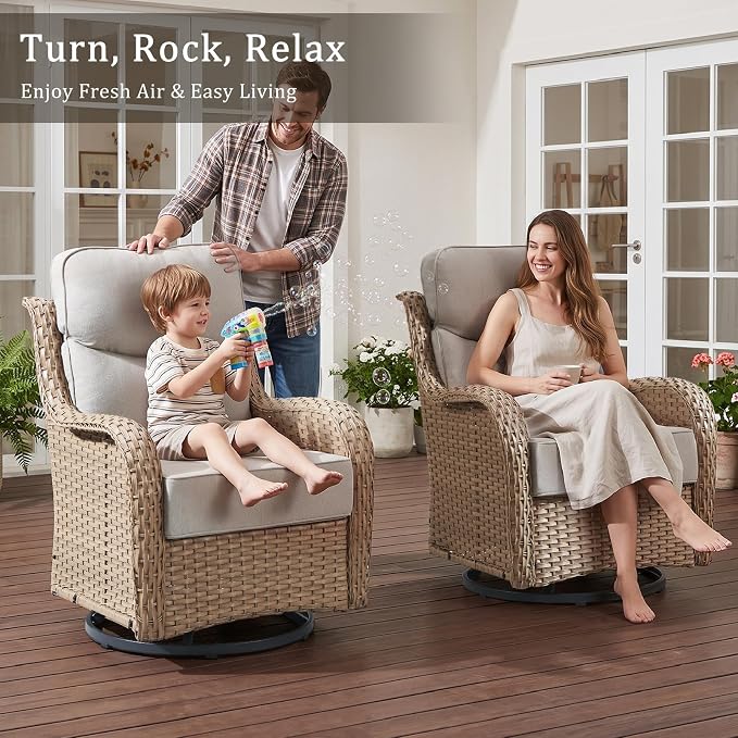 High Back Outdoor Swivel Rocker Patio Chairs with 6-Inch Cushions and Zoned Backrest, Deep Seat Wicker Patio Furniture Set for Deck Porch Garden Balcony and Poolside