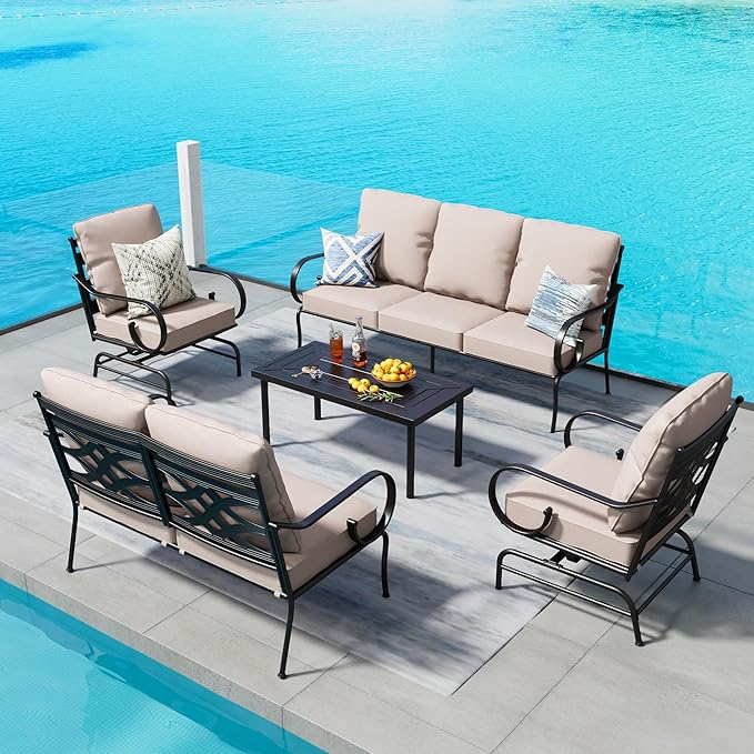 PHI VILLA Extra Large Metal Patio Furniture Sets, All-Weather Steel Frame Heavy Duty Patio Conversation Sets for Backyard, Porch and Garden