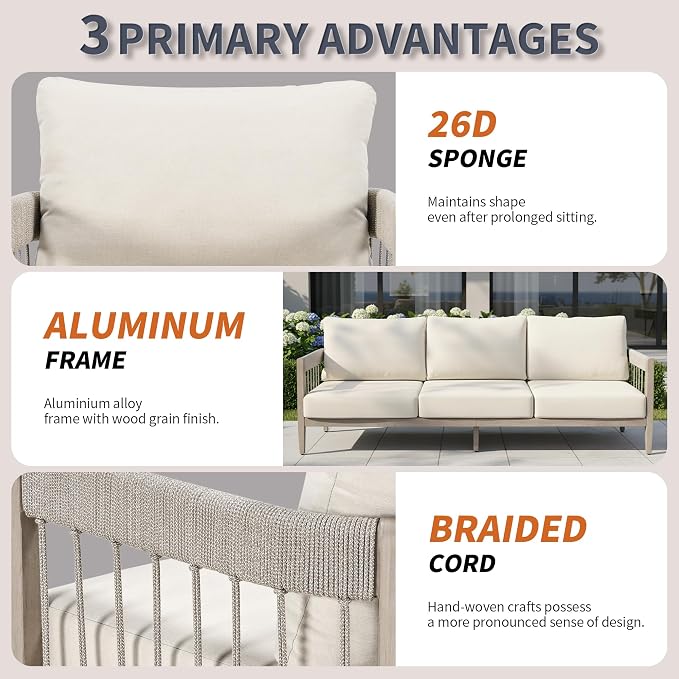 4-Piece Patio Furniture Set, Never-Rust Aluminum Sectional Sofa with Faux Wood Grain Frame, Rope Weave Outdoor Conversation Set with Coffee Table, Patio Sofa Set for Backyard, Poolside, Deck