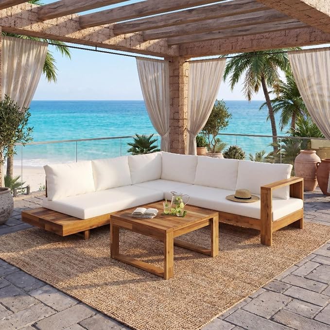4-Piece Patio Furniture Set, Outdoor Conversation Set with Acacia Wood, Thick Washable Cushions, All-Weather Patio Seating for Backyard, Garden and Poolside(B-Beige)