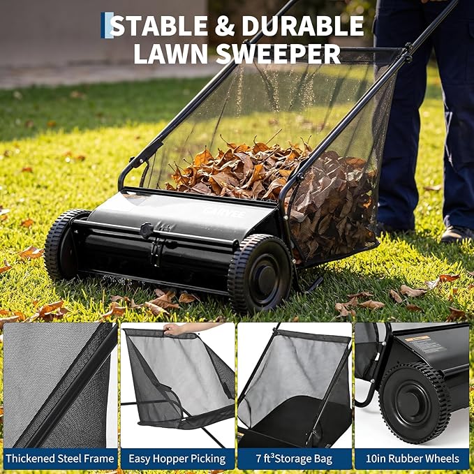 Push Lawn Sweeper 26Inch-Heavy Duty Walk Behind Leaf Collector and Yard Sweeper for Outdoor,Patio,Driveway,Garden Grass Sweepers,4 High Speed Spinning Brush,7 Cu. ft. Hopper Capacity