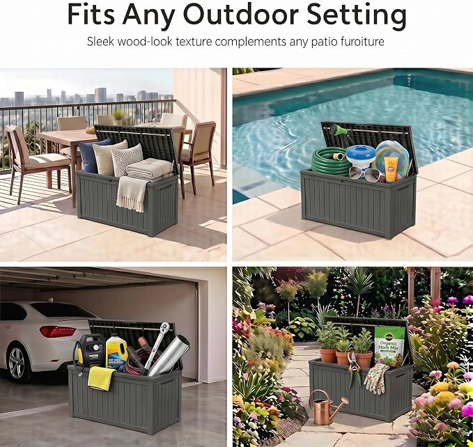 199 Gallon Large Resin Outdoor Storage Box, Waterproof Deck Box with Lockable Lid, Outside Storage Box for Patio Furniture, Pool Accessories, Garden Tools, Storage Bench for Backyard, Porch, Black