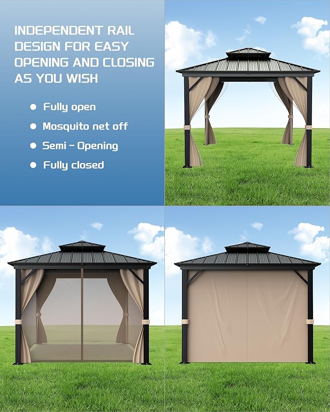GarveeLife 10 ft x10 ft Hardtop Gazebo for All Weather, with Double Metal Roof, Aluminum Alloy Frame, Net, and Curtain, Permanent Building for Patio, Deck, Backyard, Lawn, and Garden