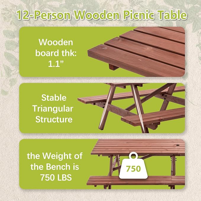 94.5'' Large Outdoor Dining Table, Rectangular Wooden Patio Dining Table & 2 Built-in Bench for 12, 2" Umbrella Hole, Suitable for Backyard Garden Porch, Brown