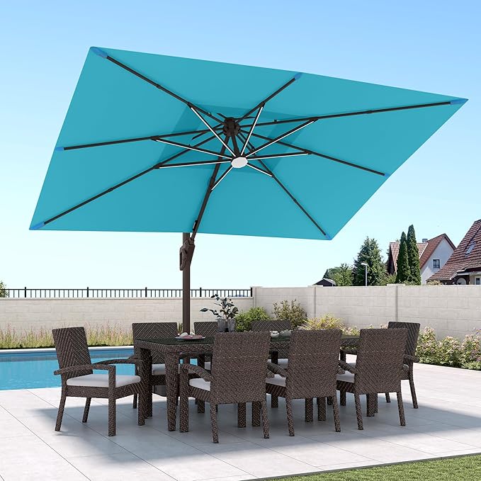 9 X 12 FT Cantilever Patio Umbrella with Led Lights and Base Included Outdoor Heavy Duty Double Top Rectangle Offset Umbrellas with 360-degree Rotation for Pool Deck Backyard, Turquoise