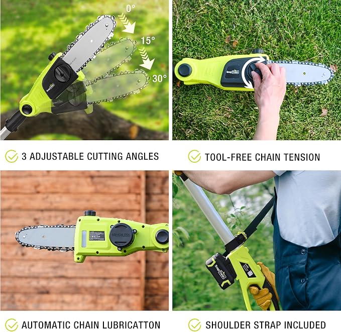 SnapFresh Brushless Cordless Pole Saw, 20V Lightweight Electric Tree Trimmer with 4.0Ah Battery & Fast Charger, 13 ft Reach,8” Cutting Bar, 3 Adjustable Angles, Auto-Oiling for Backyard Tree Trimming