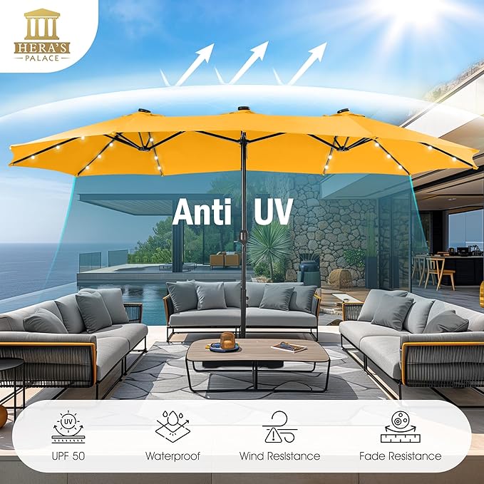 HERA'S PALACE 15ft Patio Umbrella with Base Included Double Sided Outdoor Umbrella for Patio Table Umbrella Outdoor 36 LED Solar Lights for Garden
