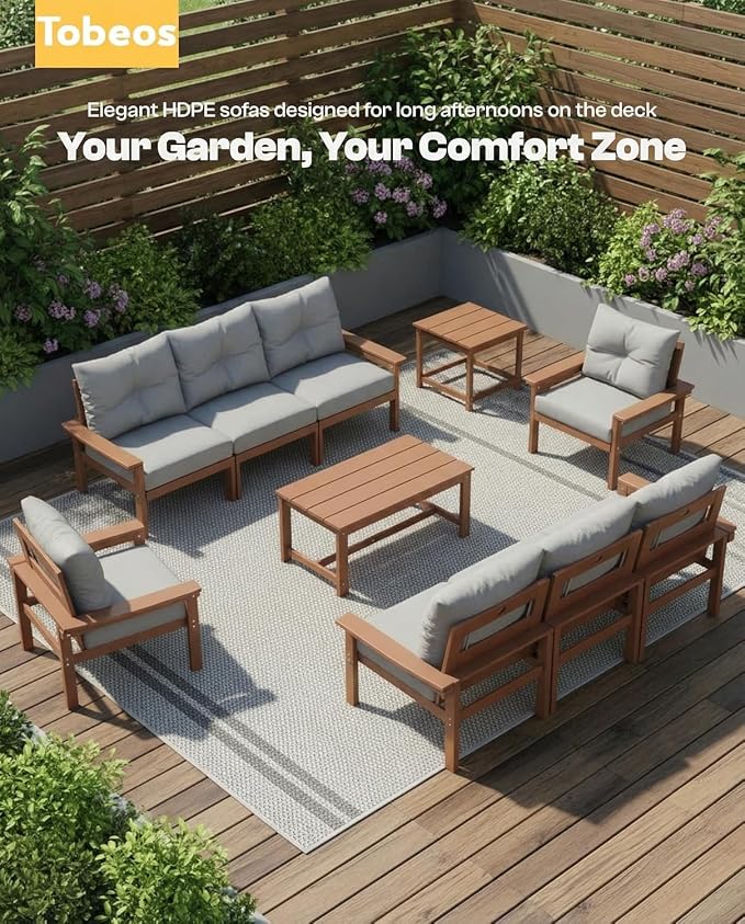 HDPE 3 Piece Patio Furniture Set, All-Weather Outdoor Couch Bistro Set with Thick Cushions & Side Table, Patio Conversation Sets for Lawn, Garden, Porch, Balcony, Deck, Poolside, Teak & Grey