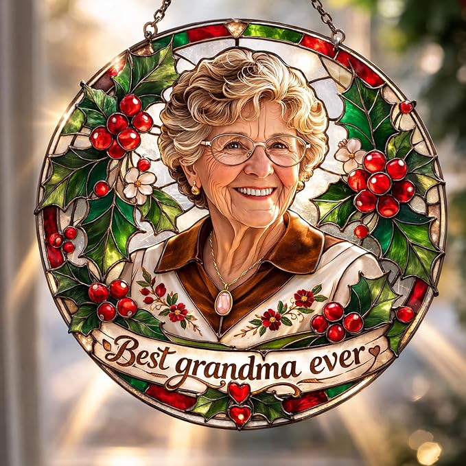 Personalized December Holly Birth Flower Stained Glass Suncatcher – Custom Photo & Name Window Hanging Keepsake Gift for Mom, Grandma, Christmas or December Birthday