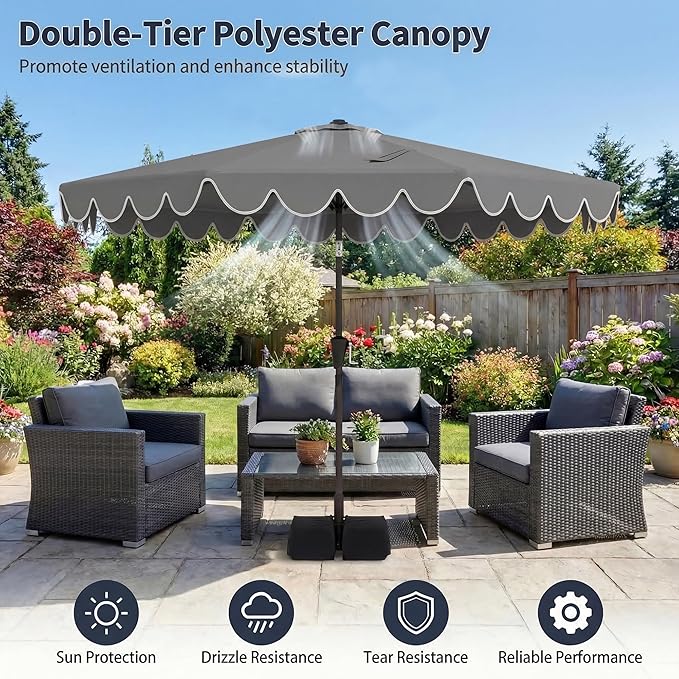 Happygrill 10 FT Patio Umbrella with Weighted Base Included, Outdoor Market Umbrella w/Push Button Tilt & Crank, 8 Heavy-Duty Metal Ribs, Air Vent, Sunshade Canopy for Garden Deck Pool Backyard (Gray)