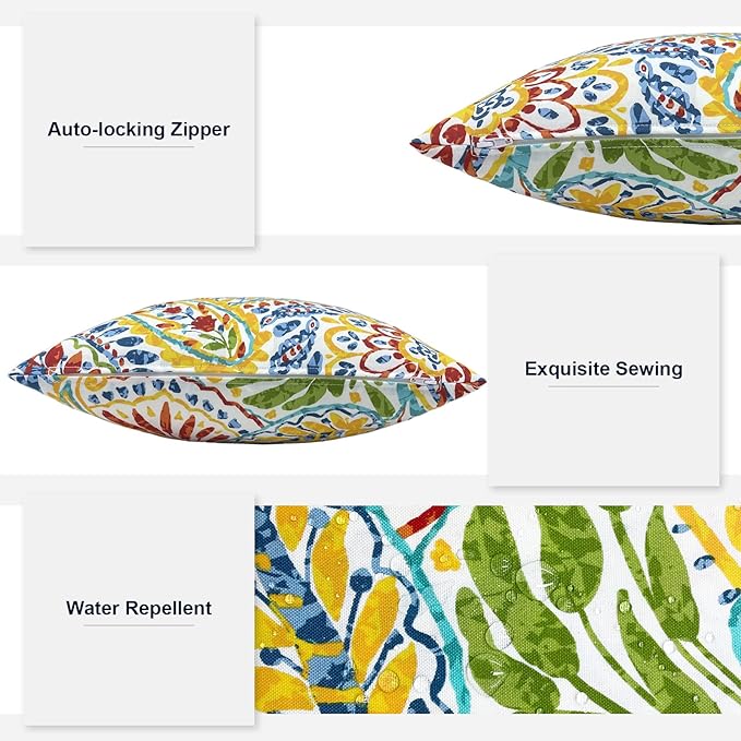 Outdoor Lumbar Pillows, Water Repellent Cushion Pillows 12x20 Inch, Outdoor Pillows with Inserts for Home Garden, Pack of 2, Paisley Multi
