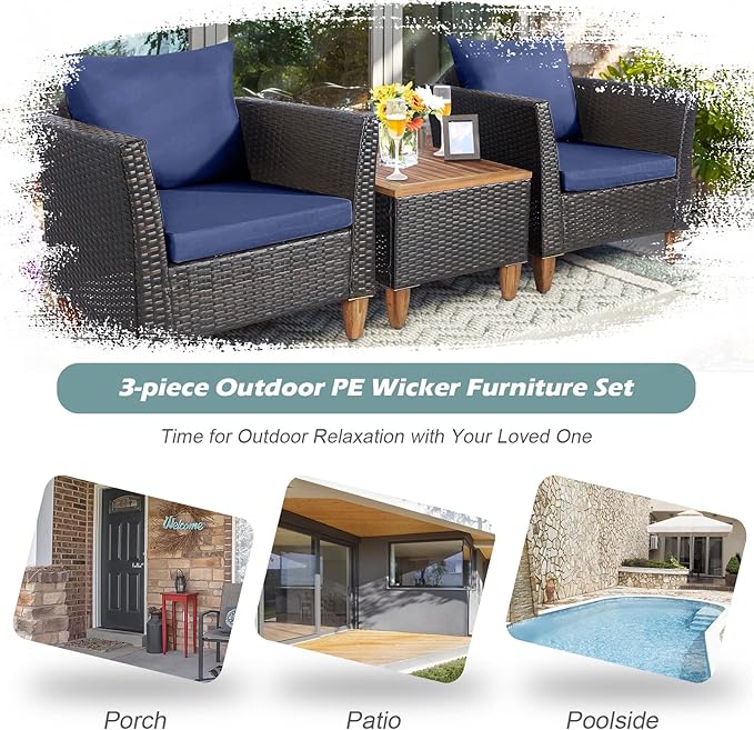 Tangkula 3-Piece Patio Furniture Set, Patiojoy Outdoor PE Wicker Bistro Set with Soft Cushions and Solid Acacia Wood, Outdoor Conversation Set with Porch, Balcony and Garden (Navy)