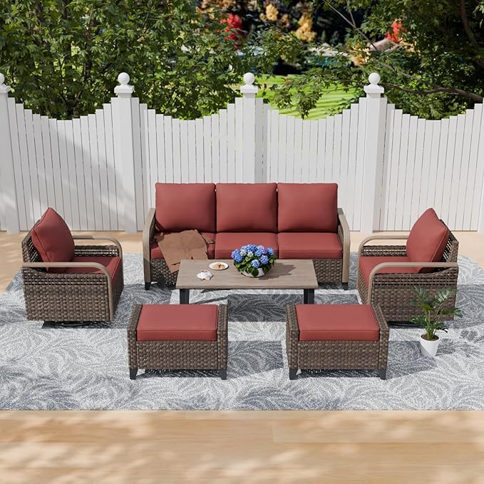 COOS BAY Modern Wicker Outdoor Furniture Set, 6 Piece Patio Conversation Set with 2 Swivel Rockers, a 3 Seat Couch, 2 Ottomans and Coffee Table, 6 Piece, Brown/Red