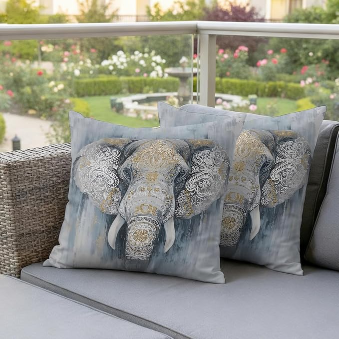 Boho Elephant Outdoor Pillow Covers 16"x16" Set of 2, Floral Pattern Animal Abstract Waterproof Throw Pillow Covers for Patio Furniture, Decorative Cushion Covers for Porch