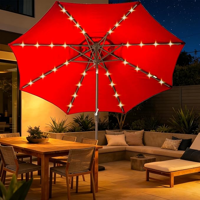 9FT Solar-Powered LED Patio Umbrella with Tilt Crank,Outdoor Market Umbrella with 32 Lights,Sunshade for Deck, Garden and Pool