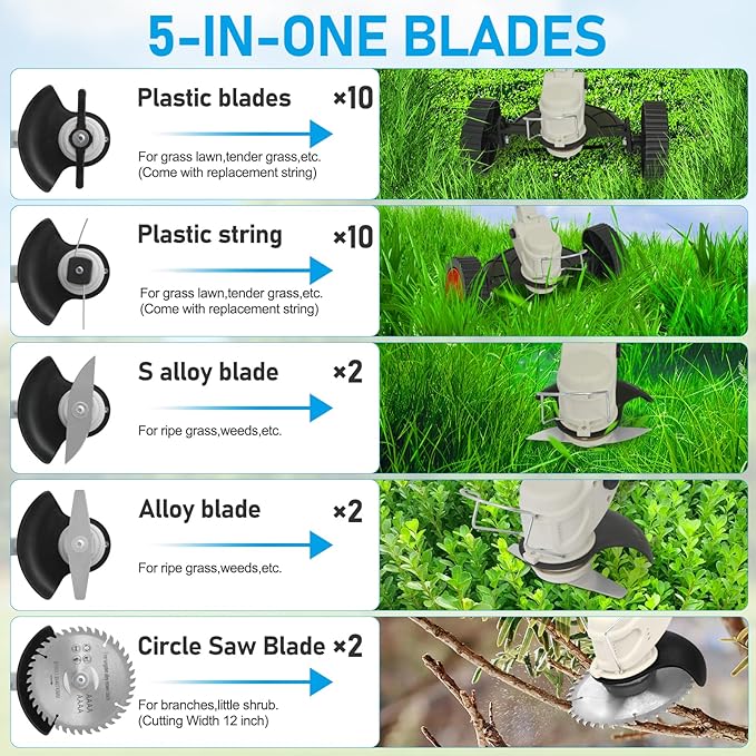 ALSO GO Cordless Weed Wacker Electric Grass Trimmer 24V Battery Powered Weed Trimmer, 3-in-1 Brush Cutter Weed Cutter Lawn Edger with 5 Types Blade & Wheels Lightweight for Garden and Yard Lawn-White