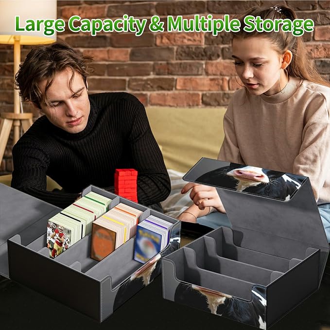 Large Card Deck Box for MTG, Fits 1200+ Sleeved Cards, PU Leather Storage Case with Strong Magnetic Closure, Multiple Colors Available for TCG CCG Baseball Card Collections, Black White Cow