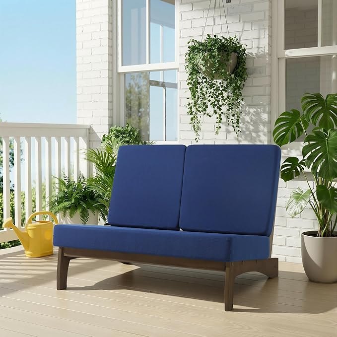 UIXE 2 Pieces All Weather Wood Patio Furniture Sets, Patio Loveseat Outdoor Sofa with Solid Wooden Coffee Table - Navy Blue