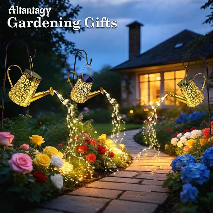 Solar Watering Can Lights:Outdoor Waterproof Metal Led String Lantern - Classic Fariy Hanging Decorations for Garden Pathway Patio - Birthday Gifts for Mom Grandma Women Over 30
