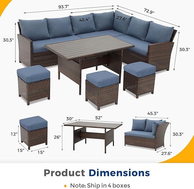 Wisteria Lane 7 Pieces Patio Furniture Set Outdoor Furniture Sectional, High Back Outdoor Patio Dining Table Set, Wicker Patio Conversation Set with Cushions for Balcony Lawn and Garden, Blue