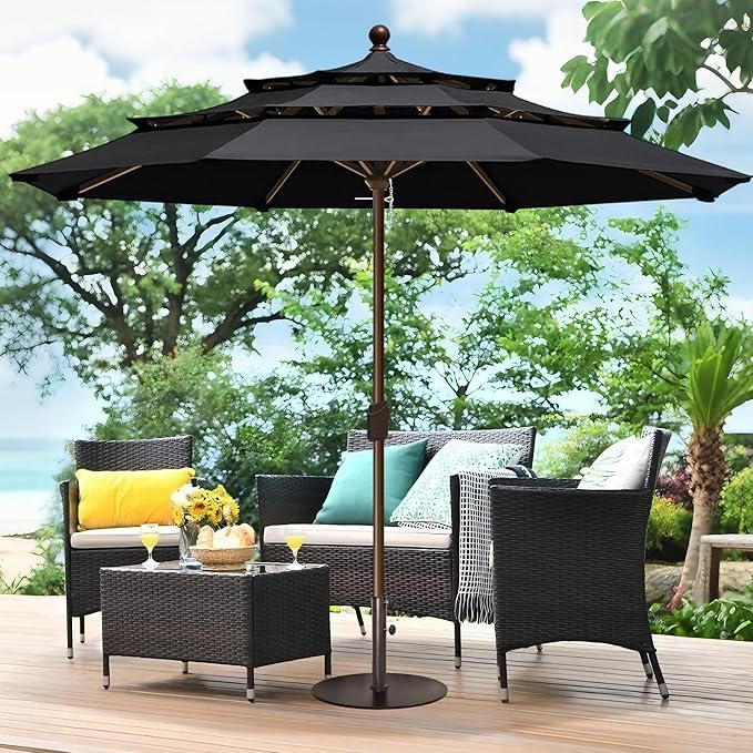 EliteShade USA 10-Year-Non-Fading 11ft 3-Tier Market Patio Umbrella, Commercial Grade Outdoor Table Umbrella with Crank Open, Windproof & UPF 50+ UV Protection, Heavy Duty Ventilation for Garden, Deck, Pool, Backyard, Beach & Bistro, No Tilt, Black